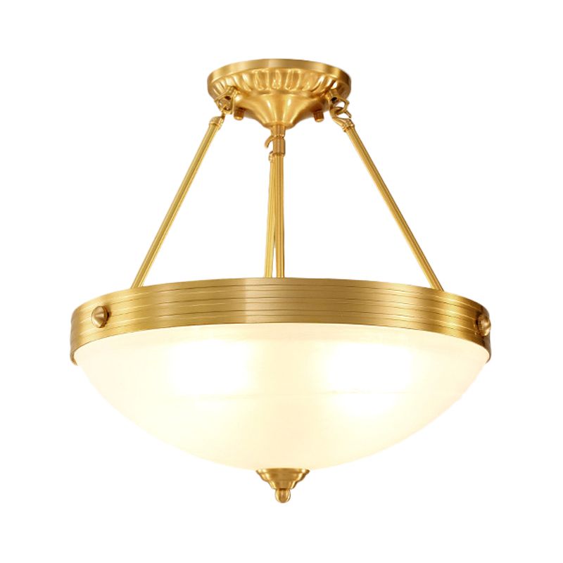 4 Heads Semi Flush Light Fixture Vintage Bedroom Flushmount Lamp with Dome Frosted Glass Shade in Brass