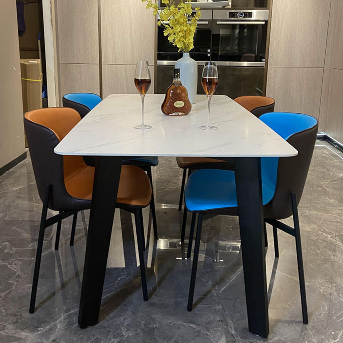 Stone Top Dining Table Rectangle Dining Table with 4 Solid Wood Legs