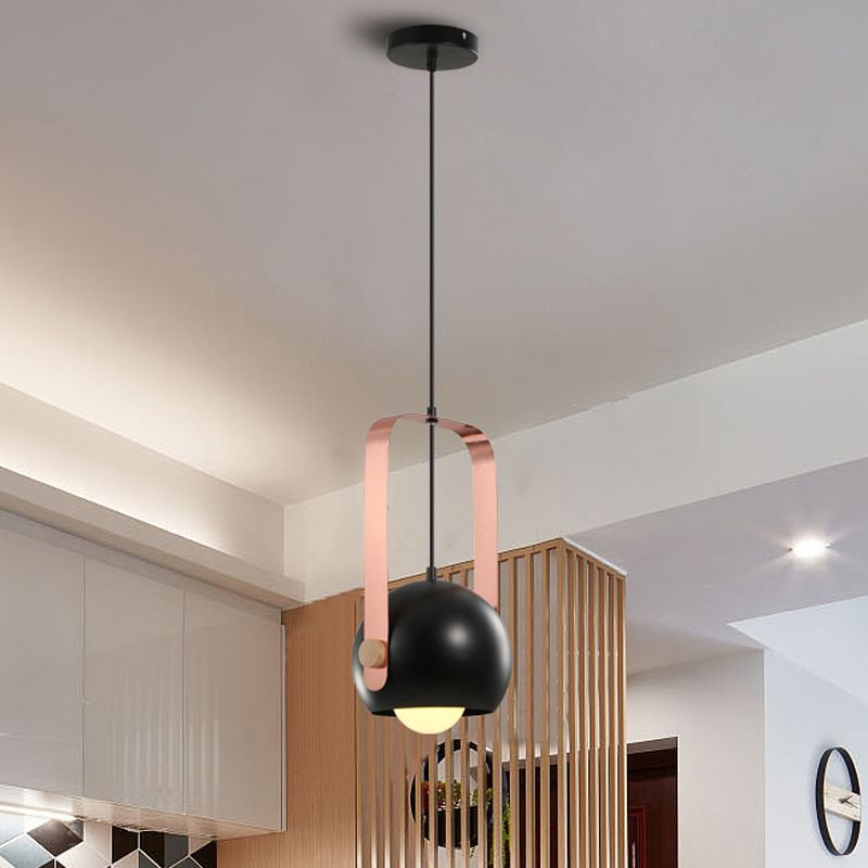 Black Dome Ceiling Pendant Light Modern Nordic Style 1 Head Metal Hanging Lamp Kit with Pink Handle