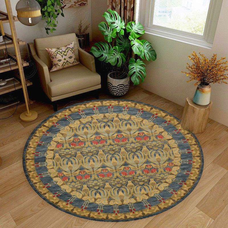 Retro Round Rug Medallion Print Polyester Carpet Non-Slip Backing Area Rug for Living Room