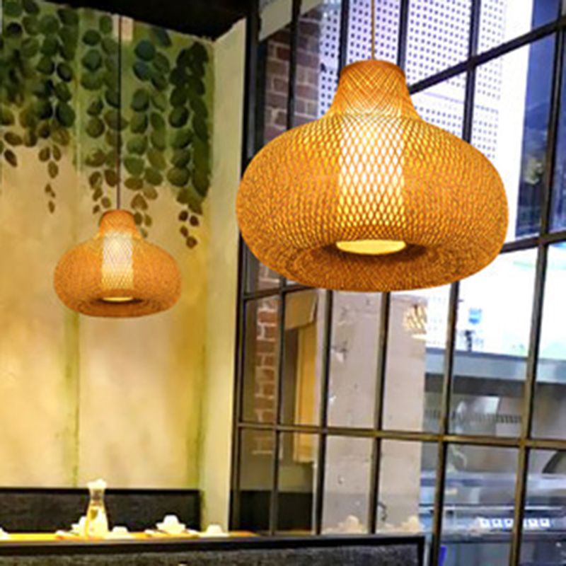 Chinese Pear-Shaped Pendant Lighting Fixtures Rattan Hanging Light with Hanging Cord for Restaurant