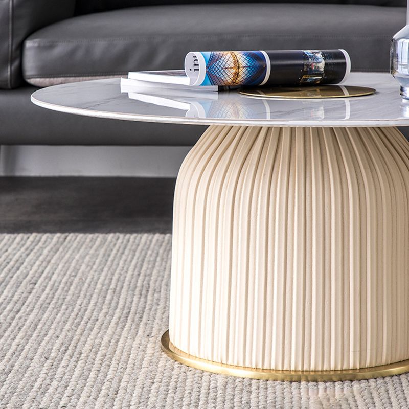 Glam Stone Top Coffee Table Pedestal Round Cocktail Table in White