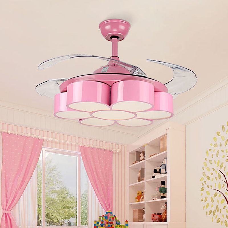 42 "W bloem slaapkamer plafondventilator verlichting armatuur metaal led kinderen semi spoelige gemonteerde lamp in roze met 3 heldere messen, afgelegen/muur en afstandsbediening