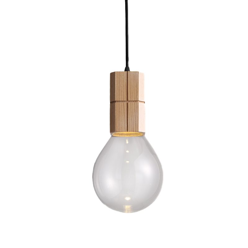 Exposed Bulb Ceiling Pendant Light Modern Clear Glass 1 Head Wood Hanging Lamp Kit in Warm/White Light