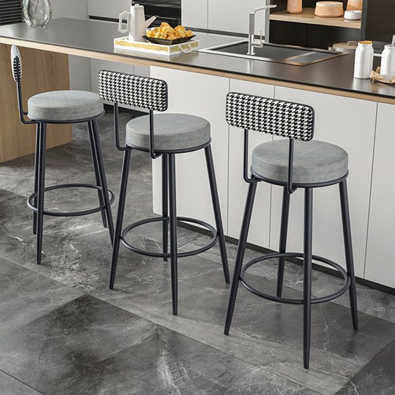 Fabric Round Seat Counter Stool Scandinavian Low Back Barstool with 4 Black Iron Legs