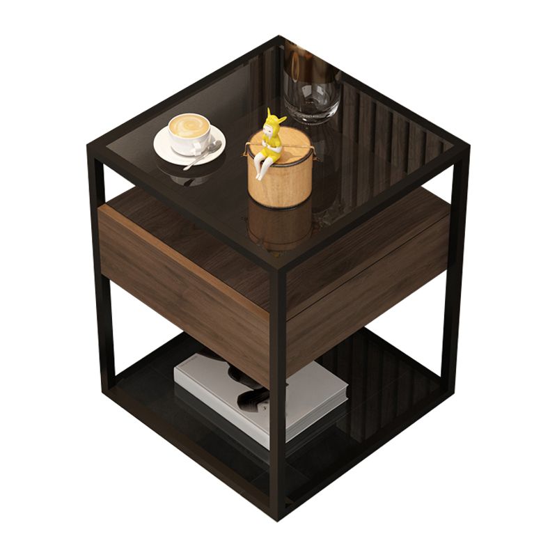 Square Glass/Stone Top End Table 21.26" Tall 1-Drawer Side Table with Storage Shelf