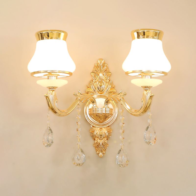 Bud Shade Opal Glass Wall Light Classic Living Room Wall Lighting Fixture with K9 Crystal Accent in Gold