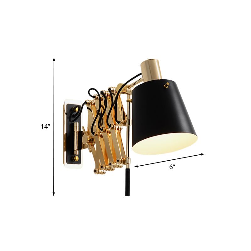 Expansion Arm Wall Mount Light Post Modern Metallic Gold 1-Head Sconce Lamp with Black Barrel Shade