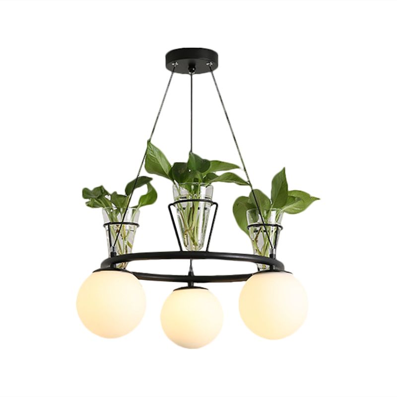 Cream Glass Globe Ceiling Chandelier Warehouse 3/5-Light Dining Room Hanging Light Kit in Black with Metal Ring Design