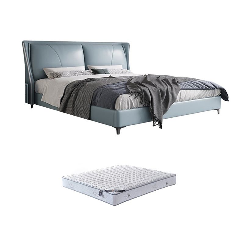 Modern Genuine Leather Panel Bed Pine Wood Bed with Upholstered Headboard