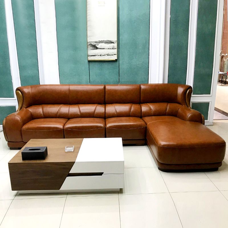 Genuine Leather Round Arm Sectionals Dark Brown 36.61"High Cushion Back Sofa