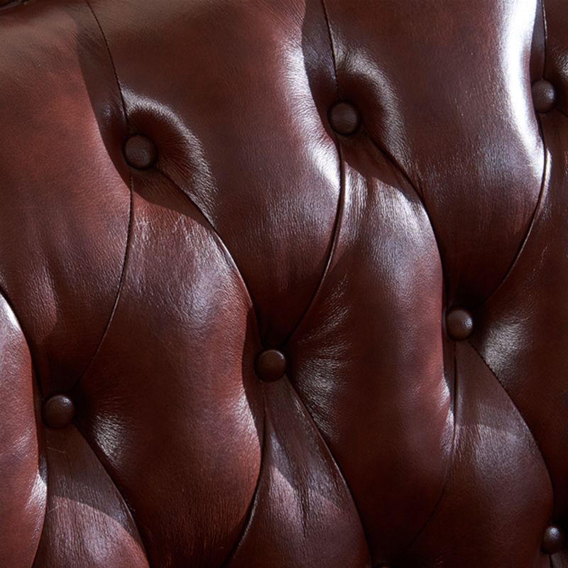 Genuine Leather Sofa Tufted Split-Back Rolled Arm Sofa in Brown