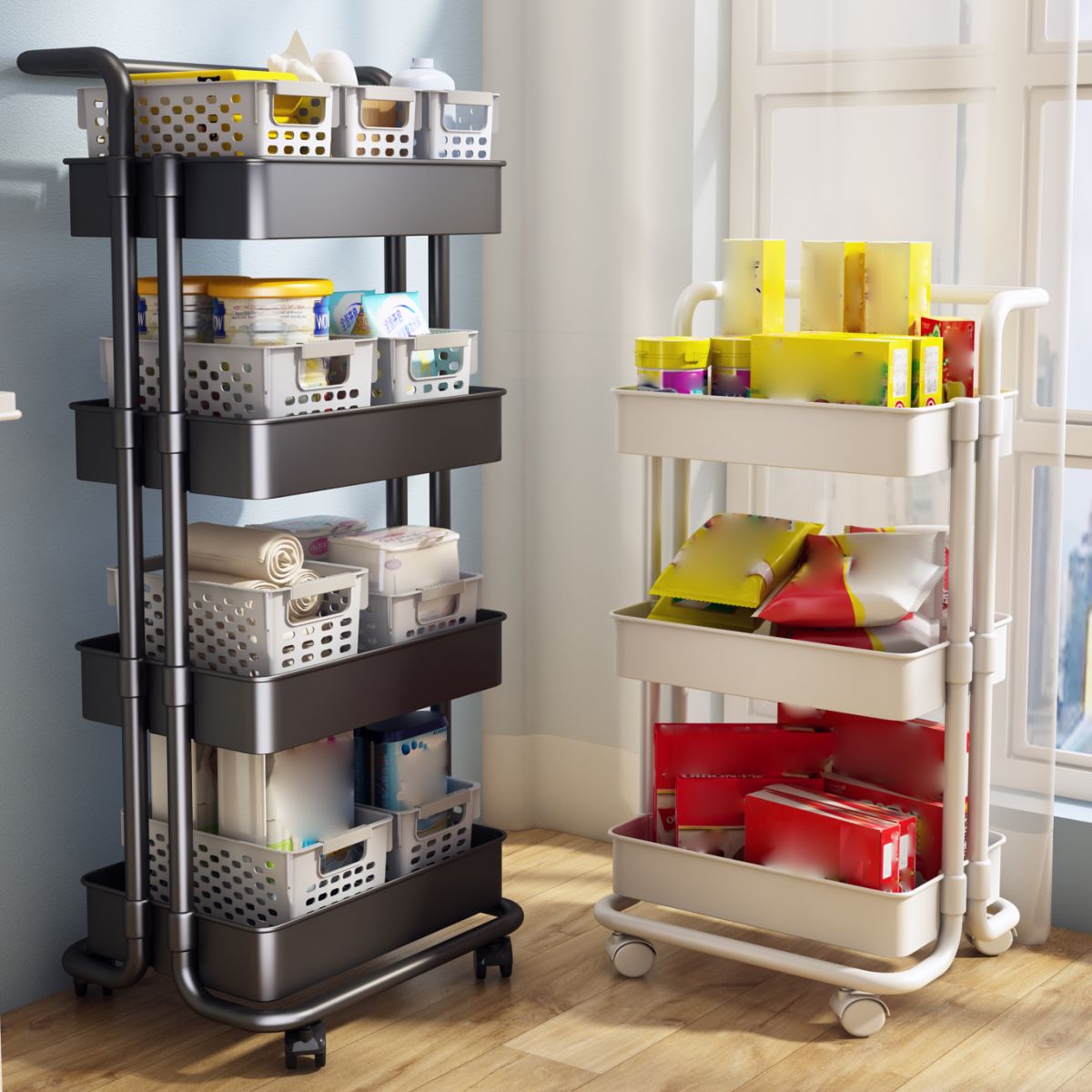 Movable Plastic Bookshelf Nordic Home Open Bookcase with Casters