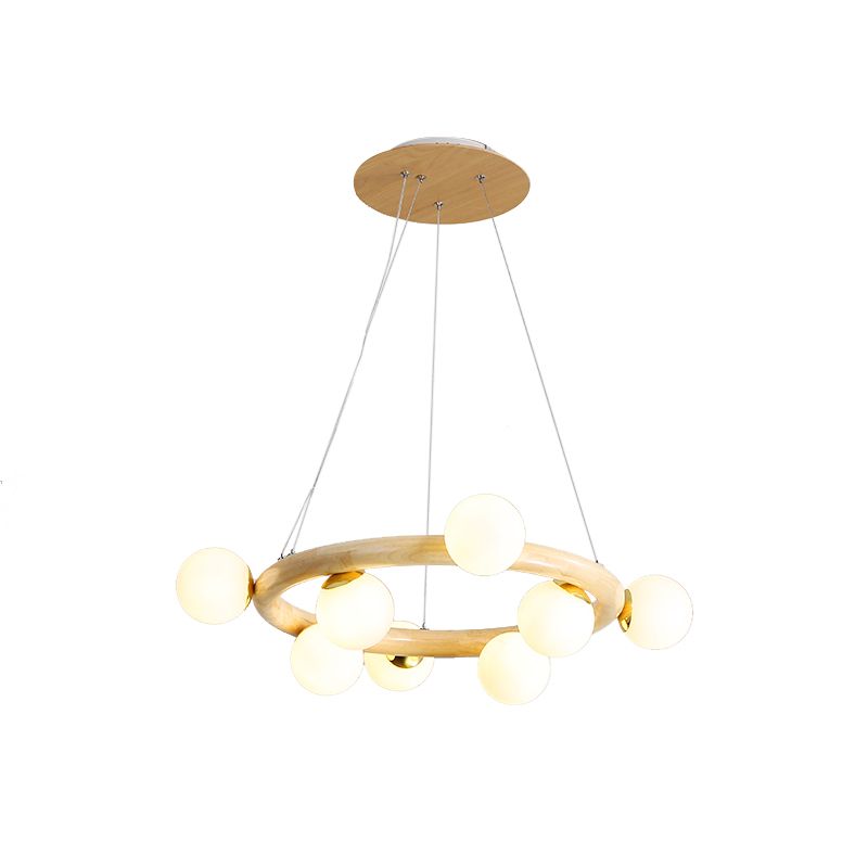 Beige wereldwijde plafondlamp modern 8/10 bollen matglas hanger kroonluchter met hout cirkelvormig ontwerp
