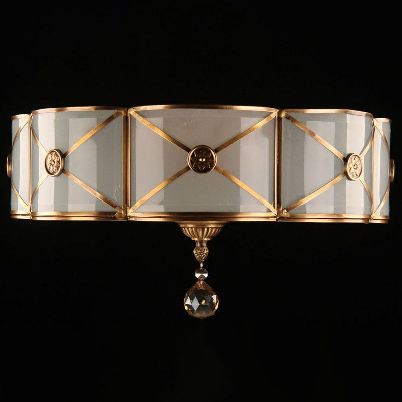 Colonial Style Flower Ceiling Lamp Frosted White Glass Flushmount with X-Brace in Brass