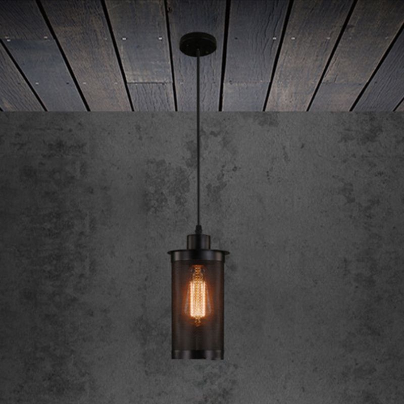 Black Cylindrical Iron Cage Hanging Light Retro Industrial Style Single Bulb Pendant Fixture