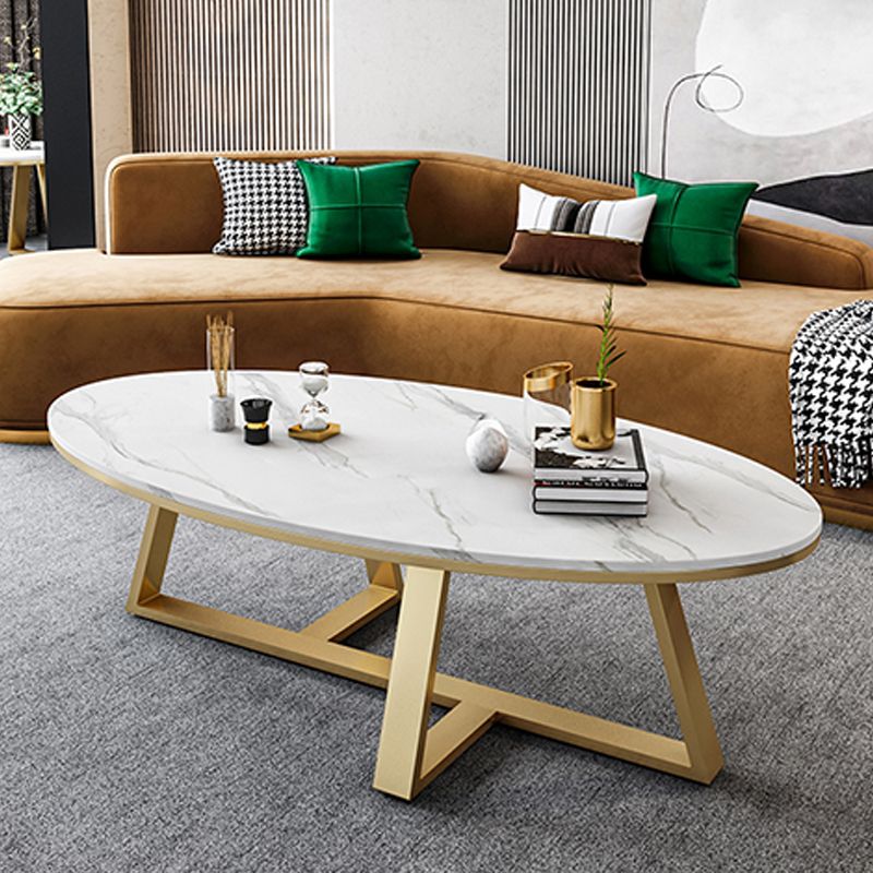 Oval Stone Top Coffee Table with Iron Cross Base Cocktail Table in White