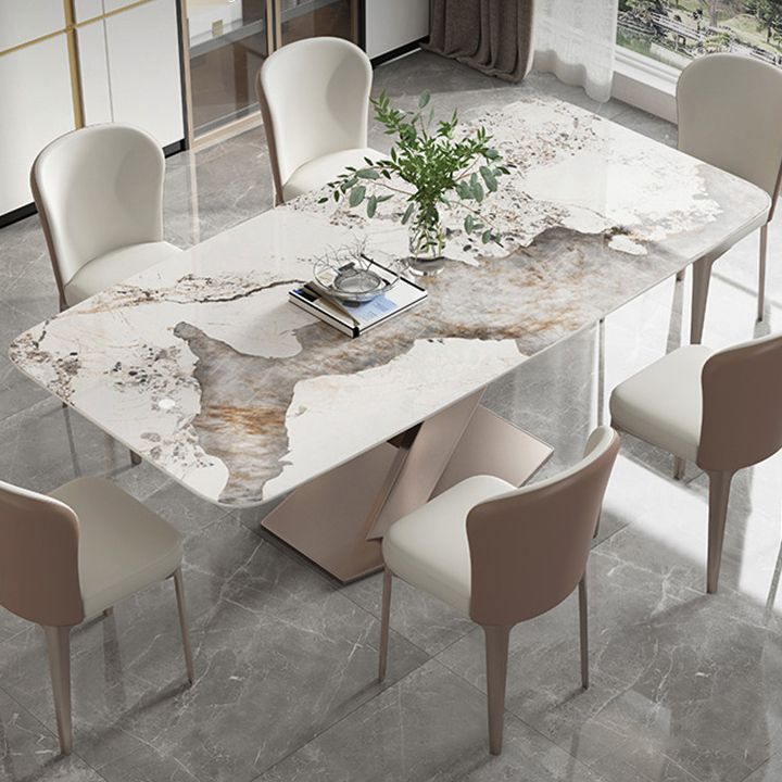 Stone Top Dining Table Rectangle Modern Table with Pedestal Base