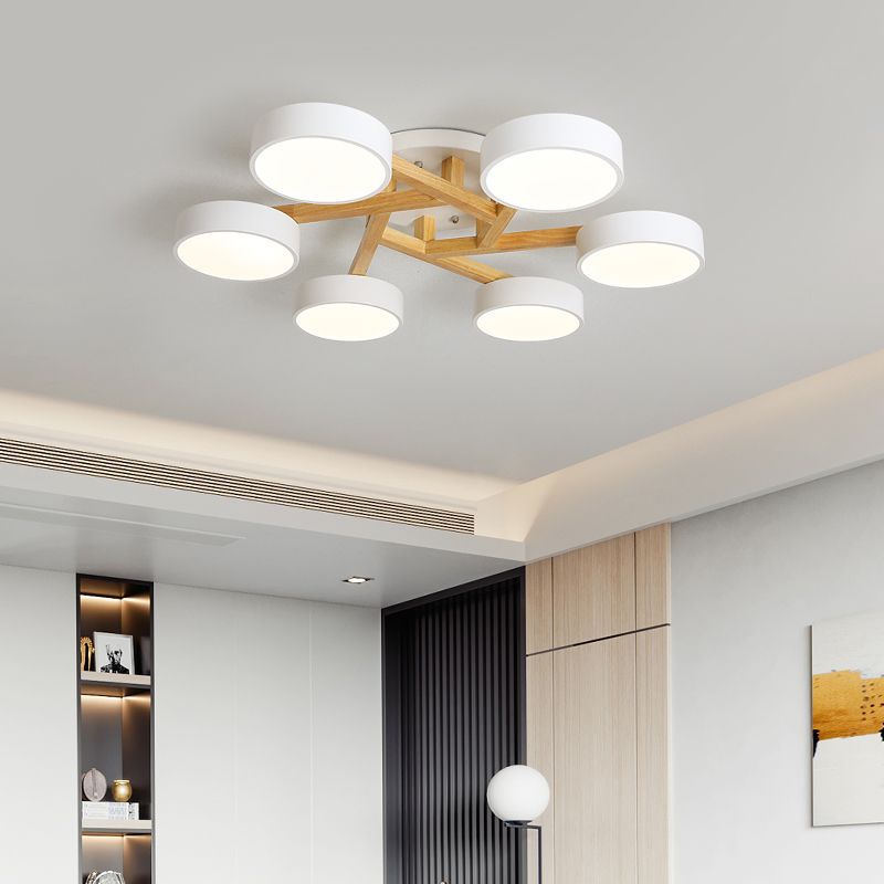 Wood Branch Ceiling Flush Light Minimalistic LED Semi Flush Mount Lamp with Round Acrylic Shade