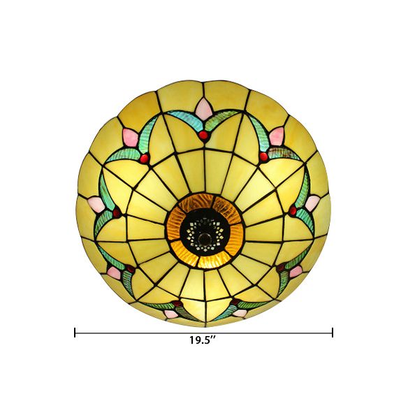 Yellow Ceiling Light, Flushmount Lighting with Art Glass Bowl Shade for Bedroom Tiffany Style