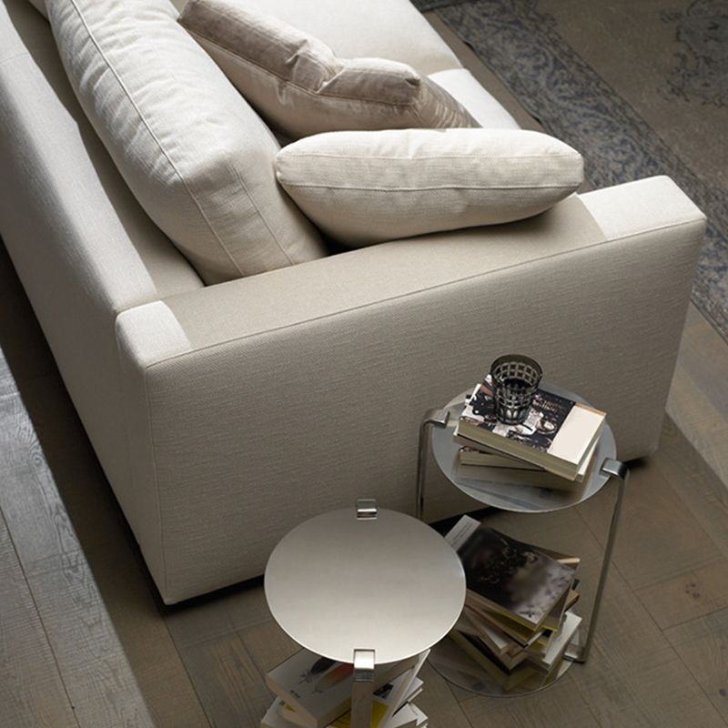 White Slipcovered Fabric Settee Recessed Arm Sofa with Pillows