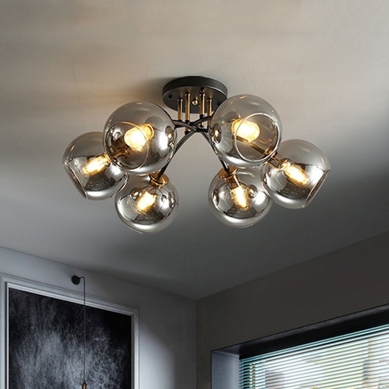 6 Heads Hotel Semi Flush Mount Vintage Black Ceiling Lighting with Orb Smoke/Clear Glass Shade