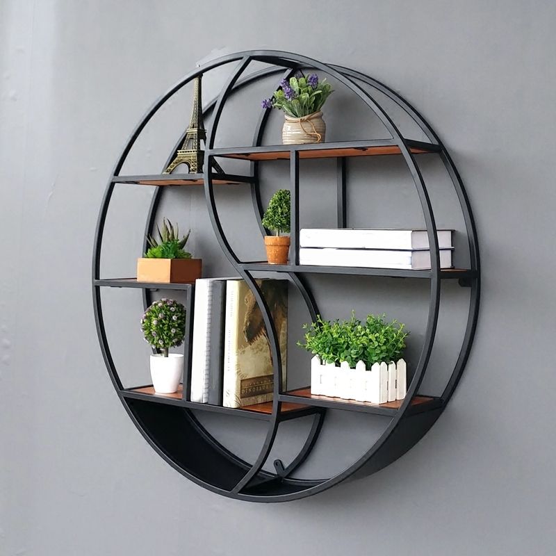 Modern Wall Mounted Bookshelf with Metal Frame Solid Wood Bookcase