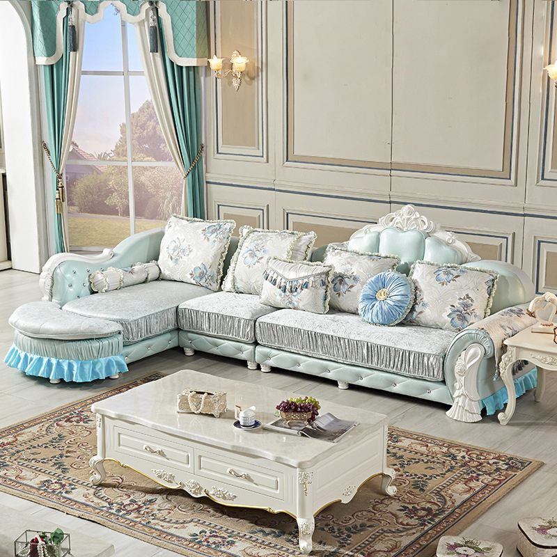 Traditional Wooden 4-Seater Sofa Chaise Flared Arm Sofa with Pillows