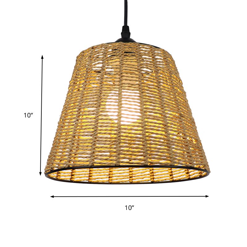 Bucket Hanging Light Fixture Modern Woven Rattan 1-Light Indoor Pendant Lamp in Beige