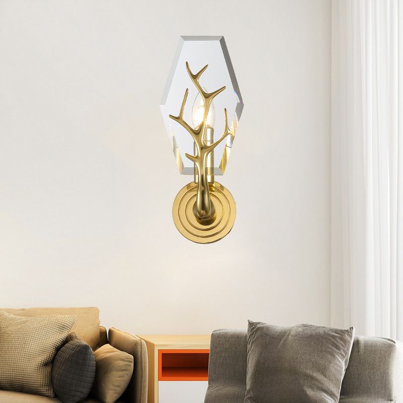 Crystal Panel Sconce Light Fixture Modern 1 Light Living Room Wall Mounted Lamp in Clear with Antler Deco
