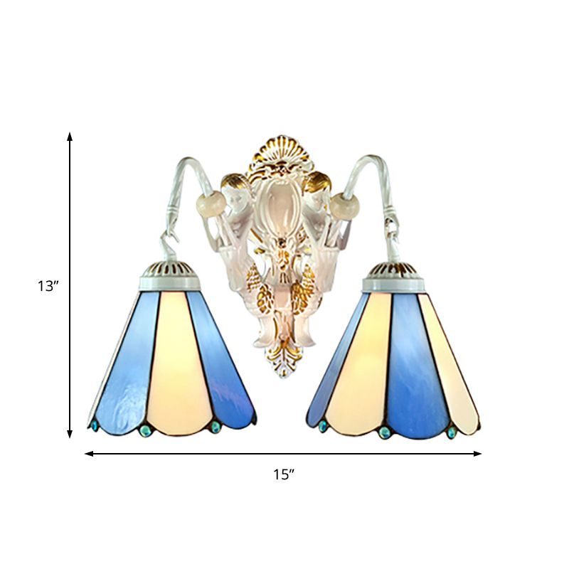 White Conical Wall Mounted Light Mediterranean 2 Heads Blue-Beige Glass Sconce Light
