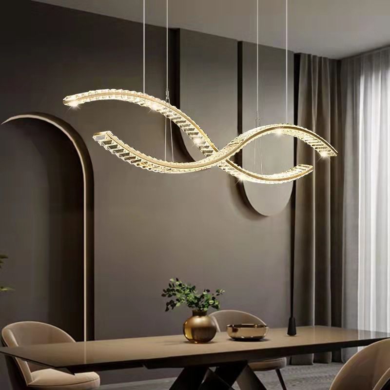 Modern LED Island Light Gold Wavy Crystal Suspension Light for Dining Room