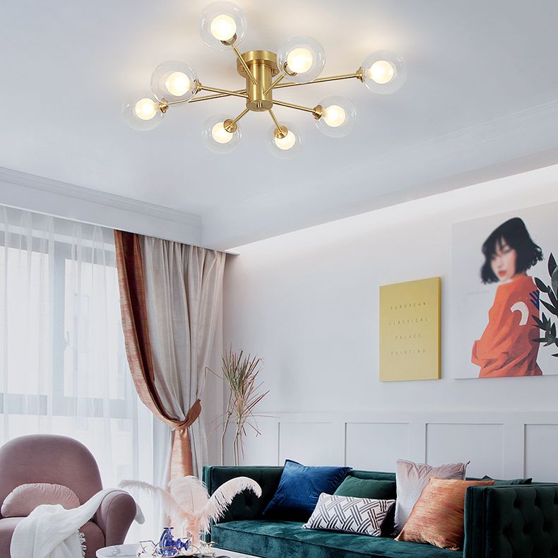 Glass Bubble Semi-Flush Ceiling Light Contemporary Ceiling Mount Chandelier in Gold