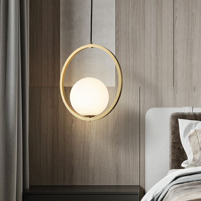Ball Opaque Glass Ceiling Suspension Lamp Simplicity Single Brass Drop Pendant with Metal Ring