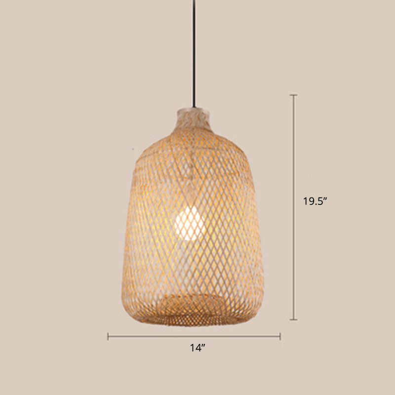 Wood Woven Suspension Lighting Minimalist Single Bamboo Pendant Ceiling Light for Restaurant