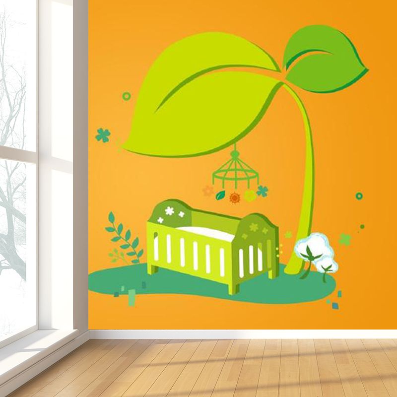 Cartoon Baby Crib Mural Decal for Nursery Customized Wall Covering in Green on Orange