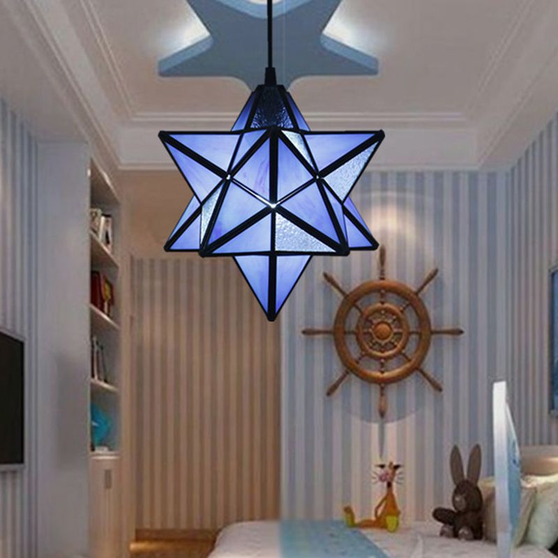 Tiffany Star Shade Pendant Lamp 1 Light Stained Glass Suspension Lighting for Bedroom