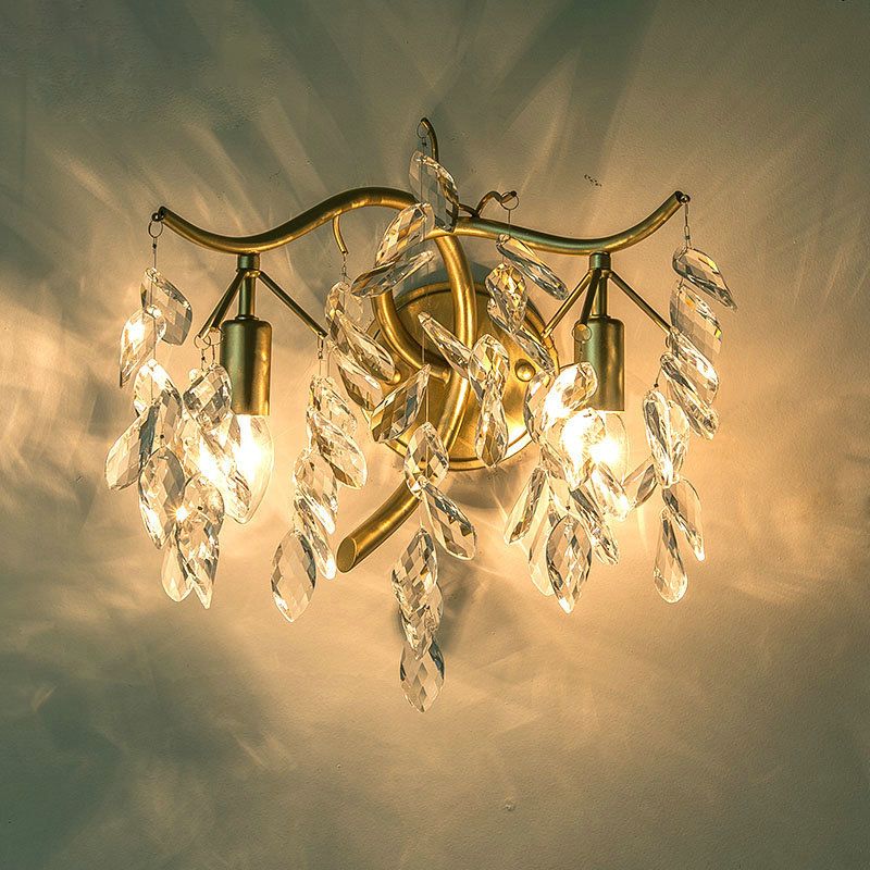 Metal Branch Wall Lighting Modernist Style 2 Bulbs Brass Finish Wall Sconce Lamp with Clear Crystal Leaf Deco