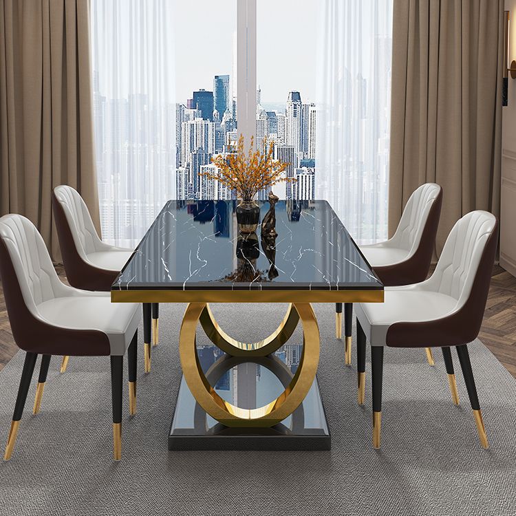 Luxury Marble Dining Table Rectangle Table with Metal Pedestal in Gold