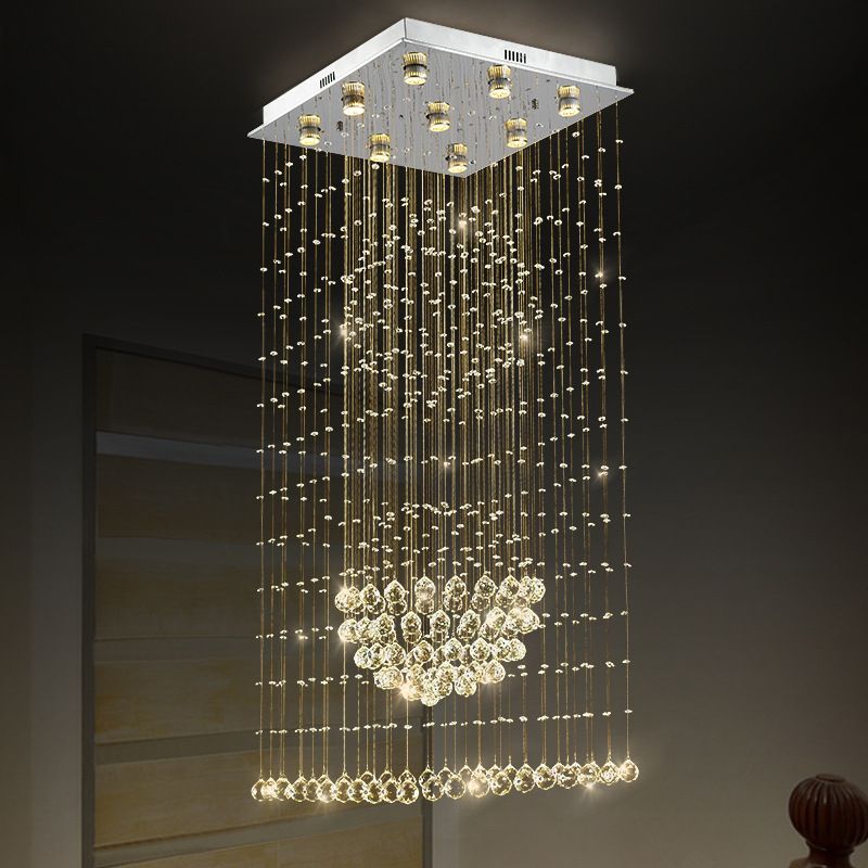 Modernist Waterfall Pendant Light 9-Bulb Crystal LED Multi Ceiling Lamp in Silver with Square Canopy