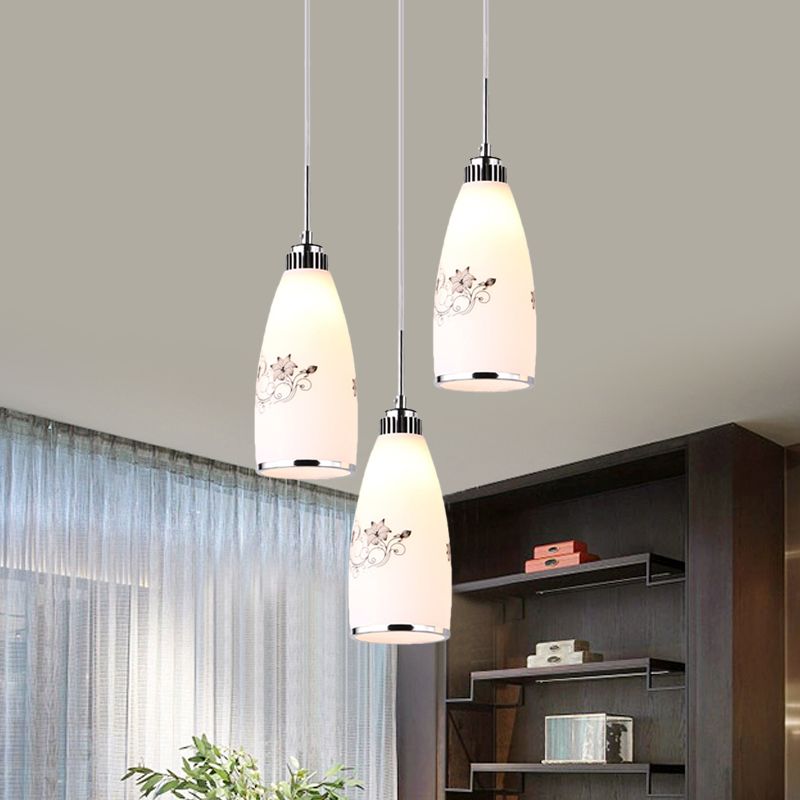3-Bulb Cone Multiple Hanging Lamp Minimalism Black/Yellow/Blue Printing Glass Pendulum Lamp with Linear/Round Canopy