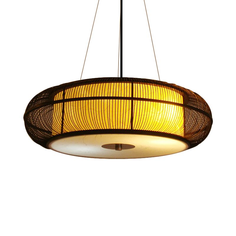 Modern Stylish Drum Shade Hanging Pendant Light Bamboo 3-Head Dining Room Ceiling Light in Black/Wood