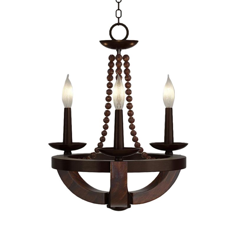Luz de araña del imperio de bulbo marrón abierto estilo tradicional 3 cabezas de madera lámpara colgante con cuentas deco