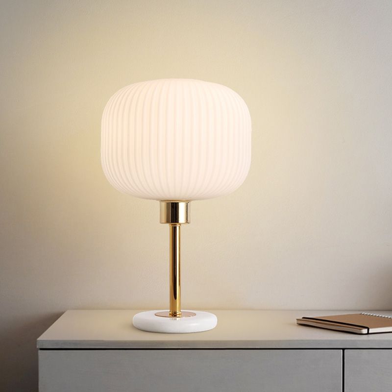 White Ribbed Glass Drum Shade Night Lamp Minimalist 1 Bulb Gold Table Light with Marble Base