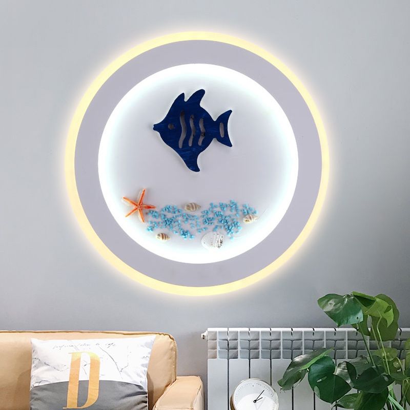 Nautical Stylish Circle Wall Light with Sea Acrylic LED Sconce Lamp in White for Child Bedroom