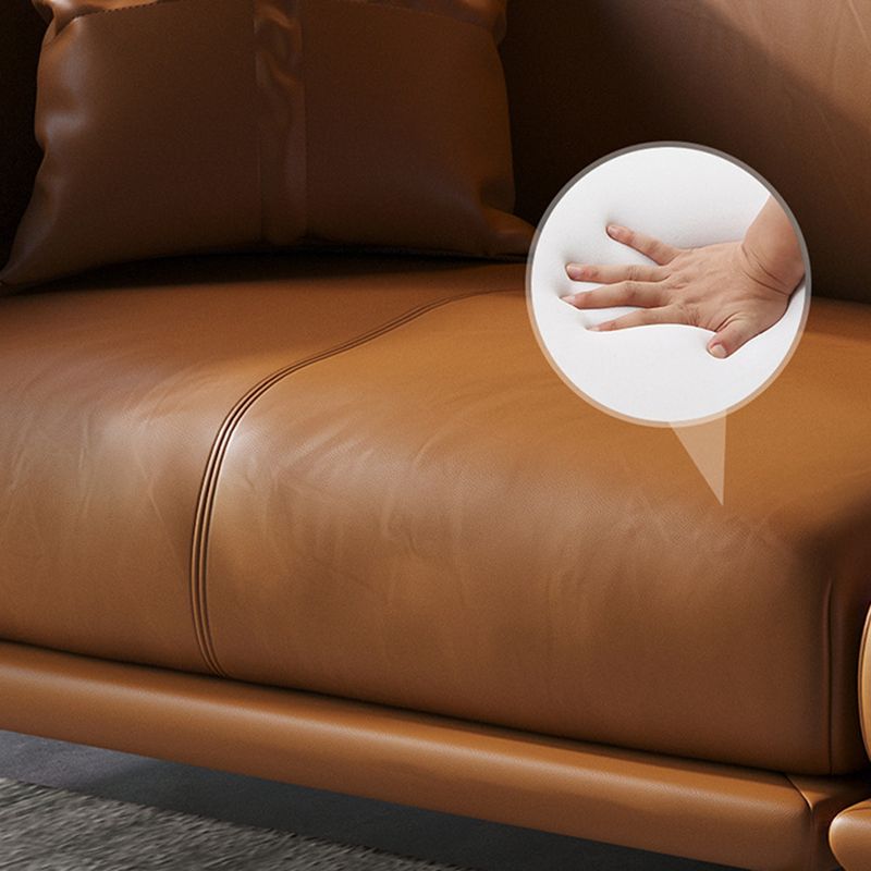 Genuine Leather Modern Orange Sofa Tuxedo Arm Sofa with Pillows