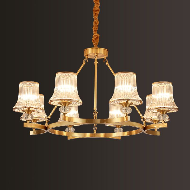 Brass Flared Chandelier Vintage Clear Rib Glass Living Room Suspension Pendant Light