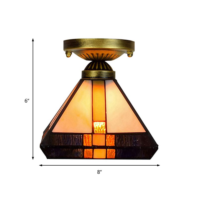 Plafonnier vintage Tiffany Craftsman à 1 lumière en verre teinté en noir/laiton antique pour couloir