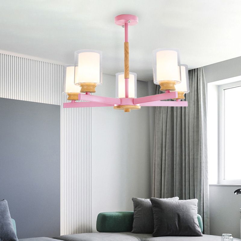 Makkaronzylinder Kronleuchter Anhänger Leicht Milchglas 3/5/6 Lichter hängende Decke Licht in Rosa/Gelb/Grün für Wohnzimmer