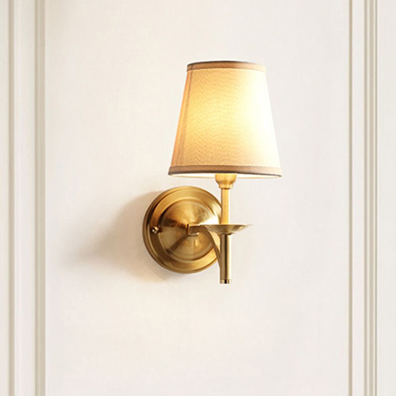 Candelabra Metal Wall Sconce Minimalism 1-Light Living Room Wall Mounted Light with Cone Fabric Shade in Gold